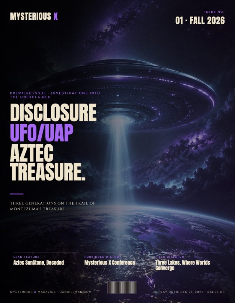 Mysterious X Magazine Issue 1 Fall 2026 cover — UFO disclosure and Aztec treasure