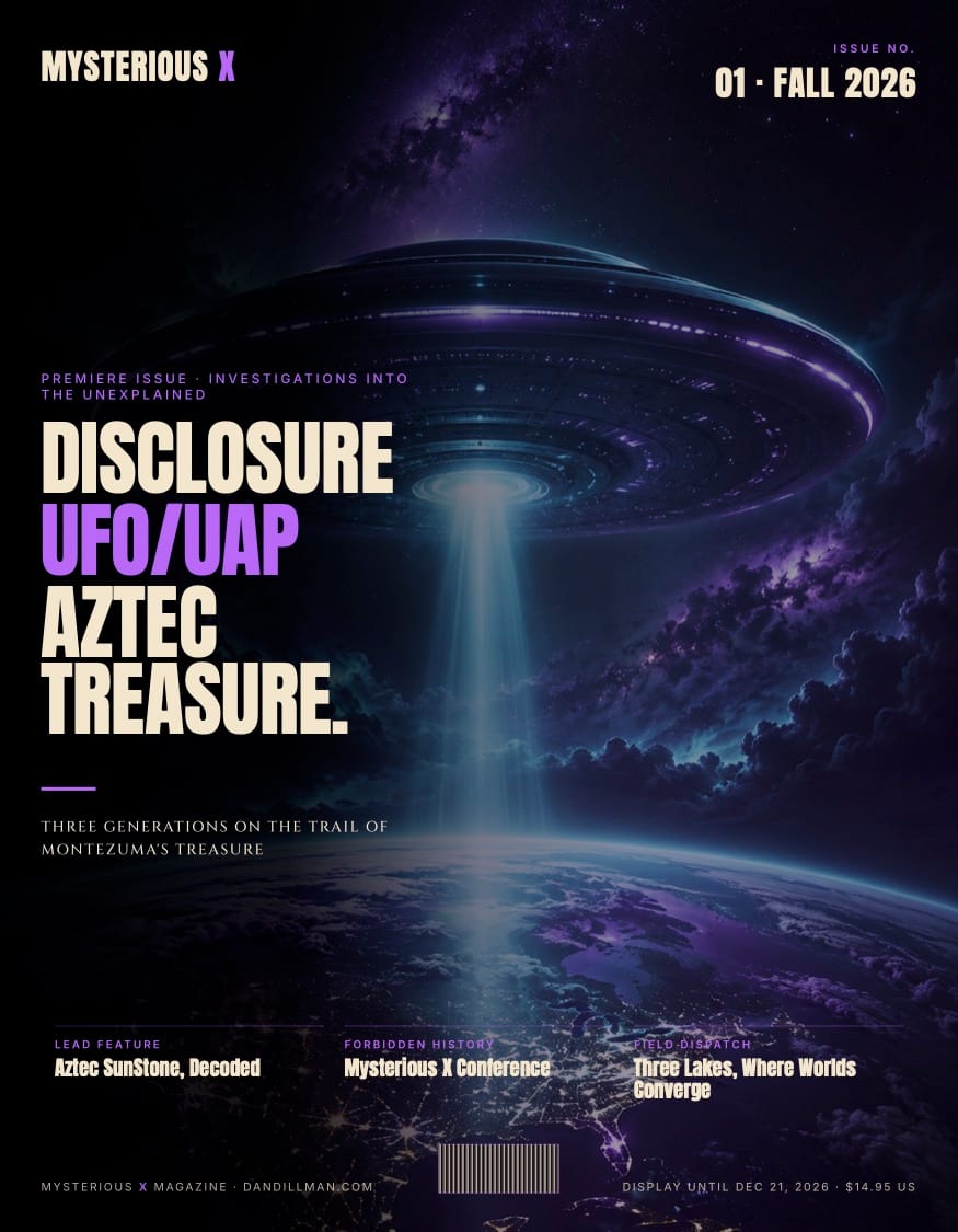 Mysterious X Magazine Issue 1 Fall 2026 cover — UFO disclosure and Aztec treasure