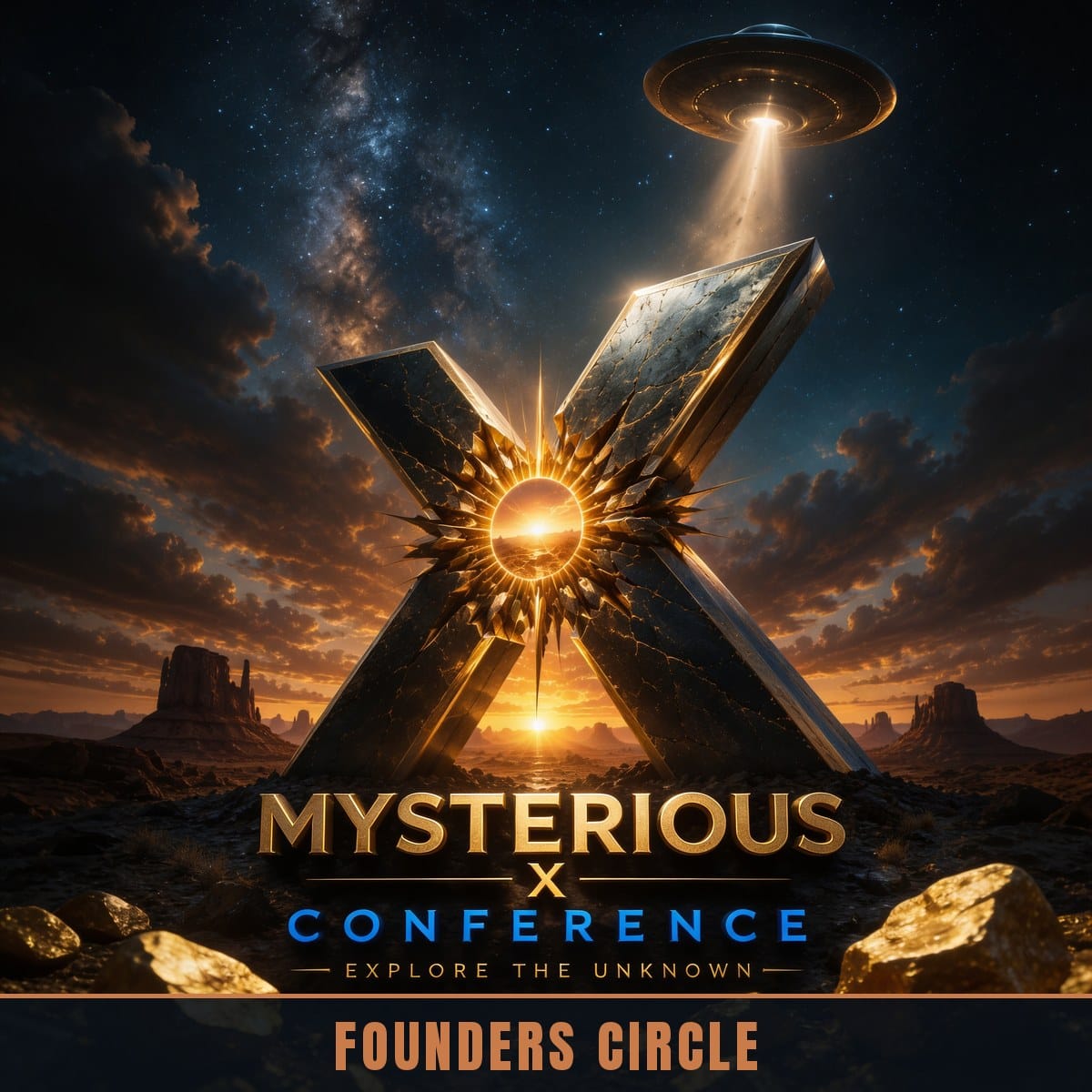 Mysterious X Conference 2026 poster — Founders Circle apex ticket