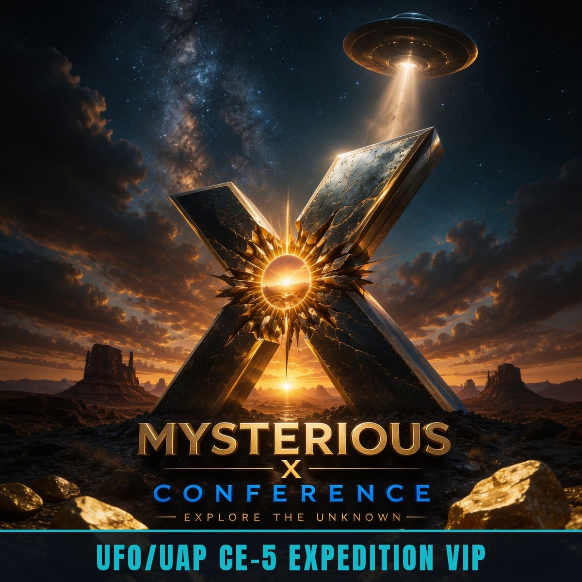 Mysterious X Conference 2026 poster — UFO UAP CE-5 Expedition VIP ticket