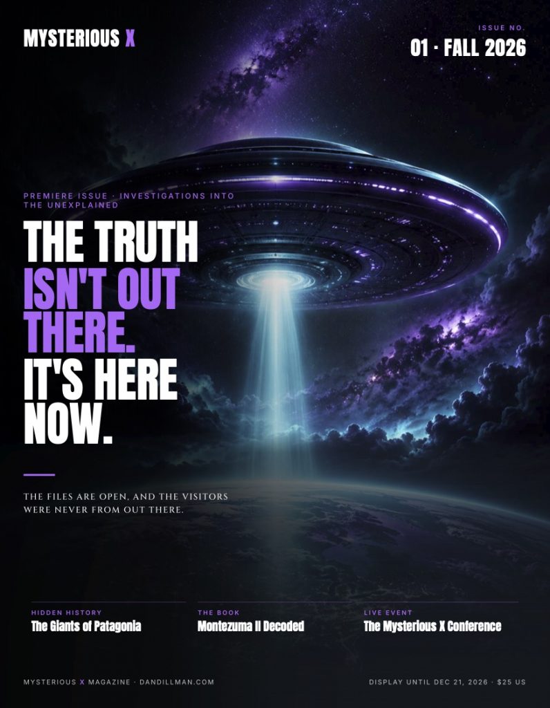 Mysterious X Magazine Issue 1 cover art Fall 2026 cover — UFO/UAP disclosure and lost treasure