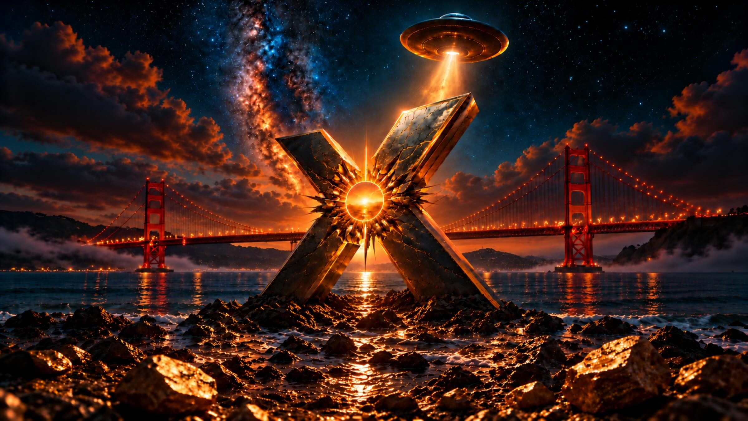 Mysterious X California: the Mysterious X and a UFO over the Golden Gate Bridge at night